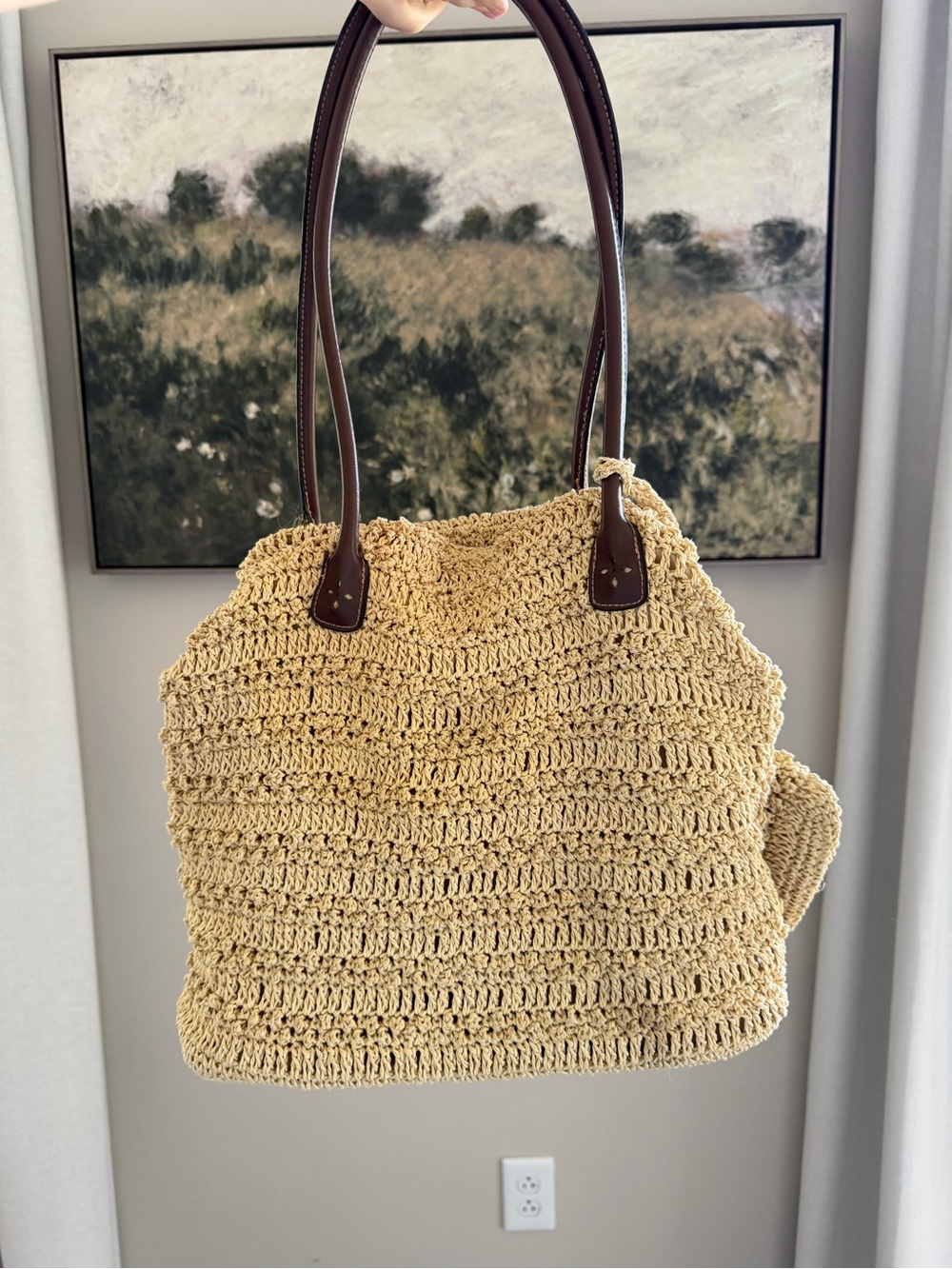 Sonoma Crochet Woven Straw Shoulder Tote in Beige with Dark Brown Handles - Picture 2 of 8